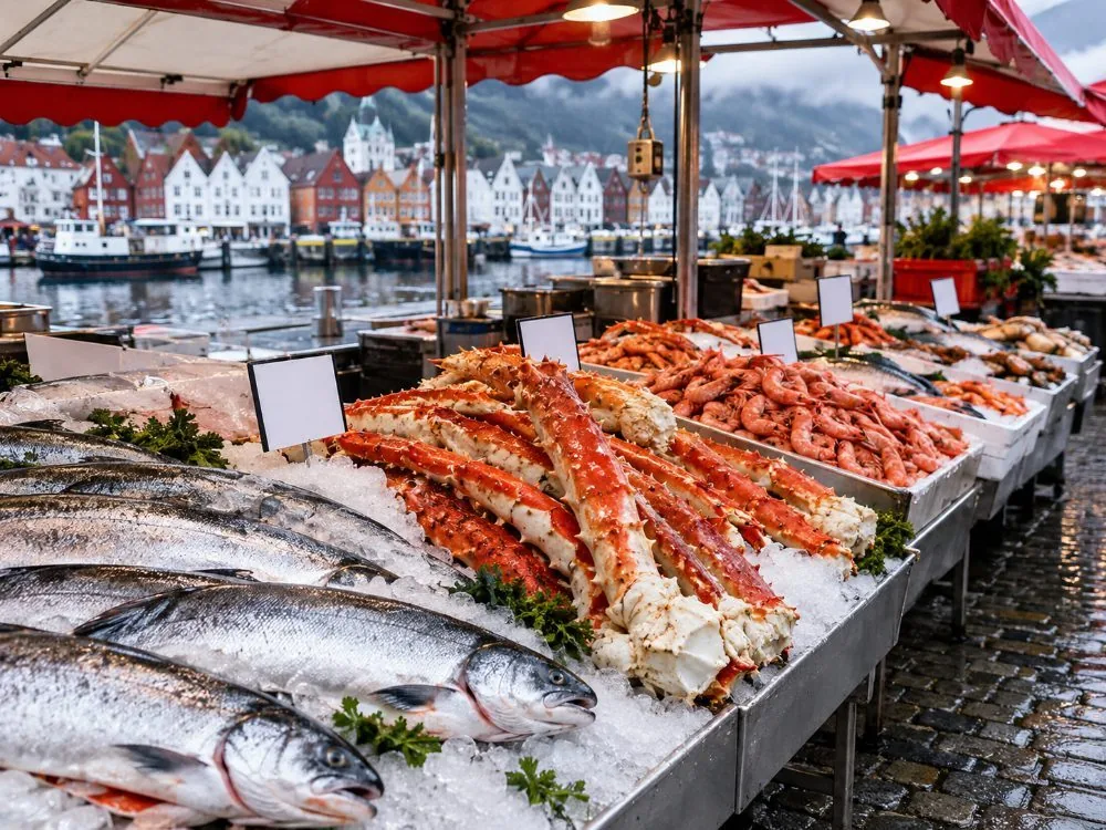 Freiluftstände auf dem Fischmarkt von Bergen unter roten und weißen Markisen, mit ganzen Lachsen, geteilten Königskrabbenbeinen und Schalen mit Garnelen, die auf zerkleinertem Eis ausgelegt sind.