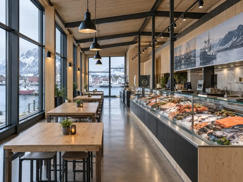 Im Mathallen auf dem Fischmarkt: eine Glasfront-Theke mit Meeresfrüchten entlang einer Wand, Holztische in der Mitte und Tageslicht, das durch die hohen Fenster fällt.