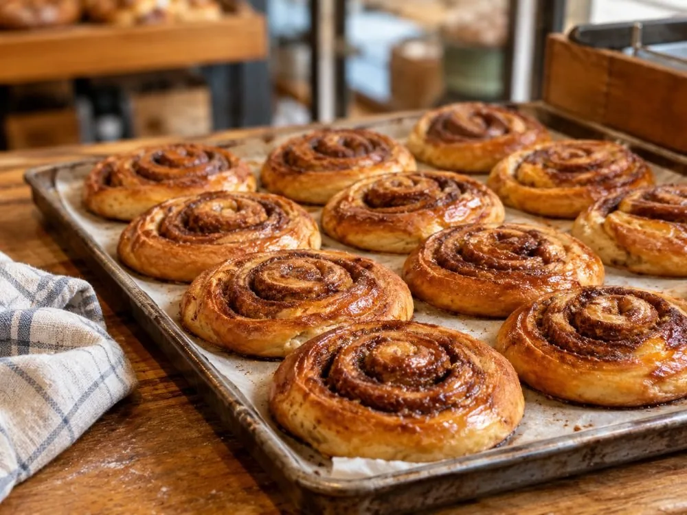 Ein Tablett mit frisch gebackenen skillingsboller, die auf einer Bäckereitheke abkühlen, wobei die Zimtschnecke in der Mitte jedes Brötchens dunkel ist und der Zucker oben noch glänzt.