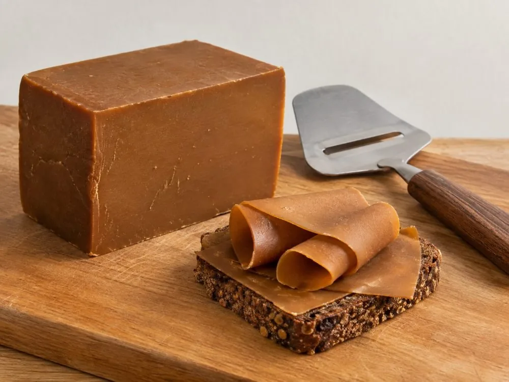 Ein Block brunost auf einem Holzbrett mit einem norwegischen Käsehobel daneben und drei dünnen, karamellfarbenen Scheiben, die über ein Stück Brot gerollt sind.