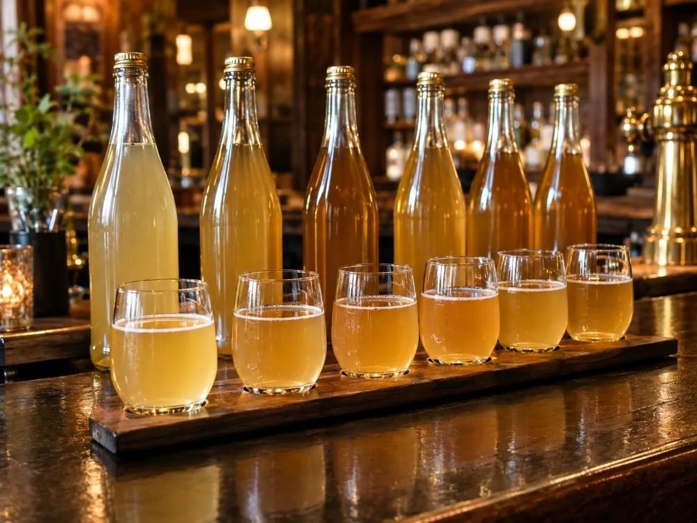 Eine Reihe Verkostungsgläser mit Sider frå Hardanger, die entlang einer Bar-Theke aufgereiht sind, hellgold und leicht trüb, mit den Flaschen, aus denen sie eingeschenkt wurden, dahinter.