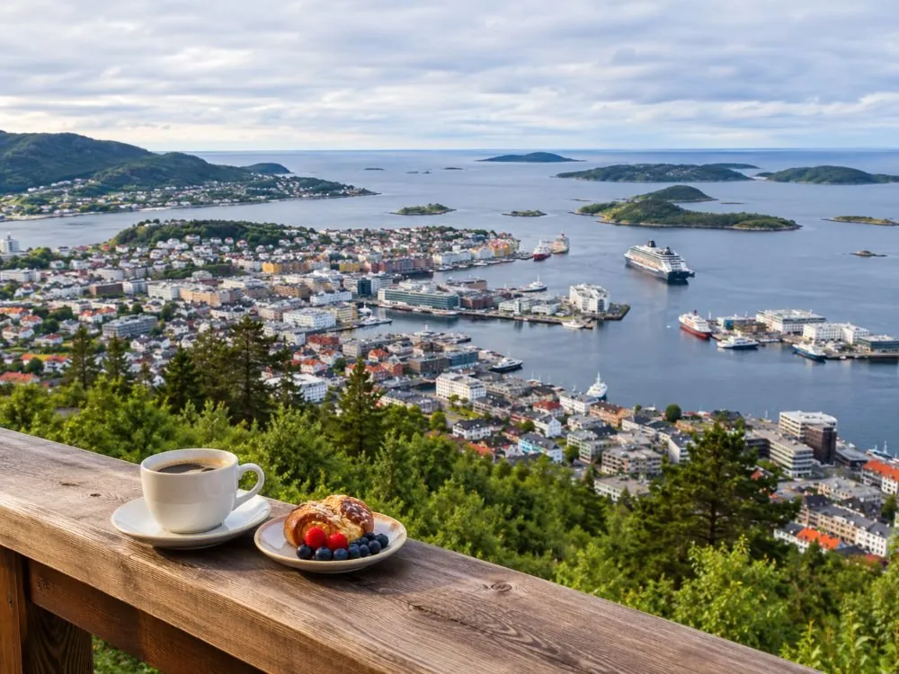 Der Blick von der Terrasse oben auf dem Fløyen: Kaffee und ein Teller auf dem Geländer im Vordergrund und die Dächer, der Hafen und die Inseln von Bergen, die sich darunter ausbreiten.